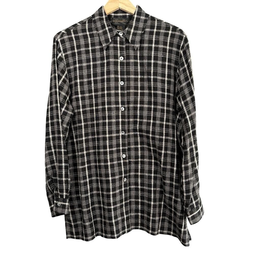 Requirements Button Down Shirt Mens M Black White Excellent Plaid Linen Blend